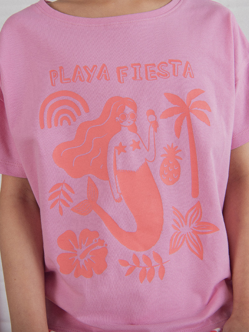 Pijama corto rosa con estampado "Playa Fiesta" para niña