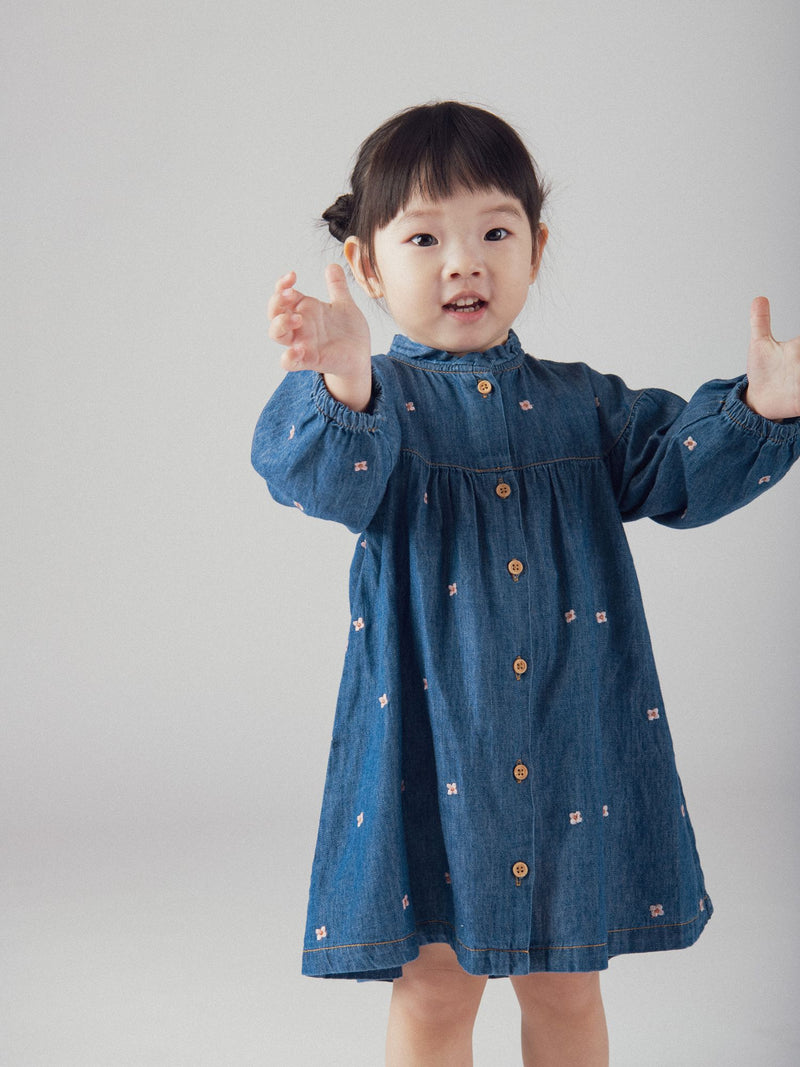 Vestido de Denim Ligero con Bordado de Flores para Bebé Niña