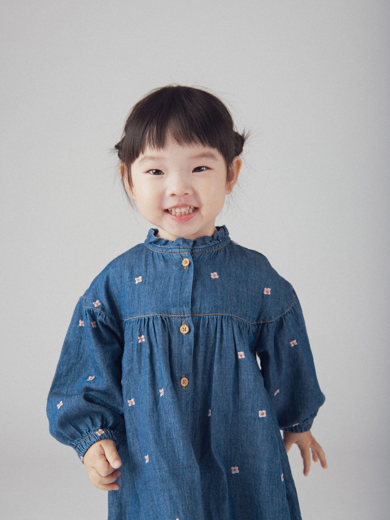 Vestido de Denim Ligero con Bordado de Flores para Bebé Niña