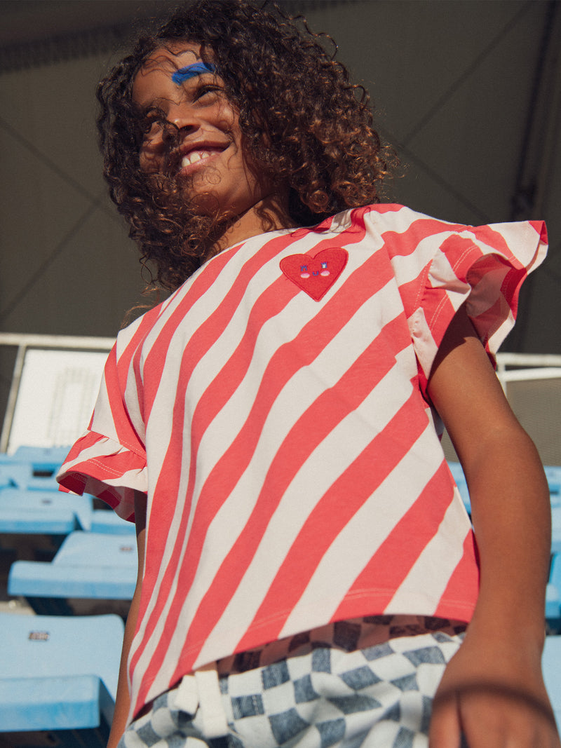 T-shirt rose rayé manches courtes avec badge pour fille