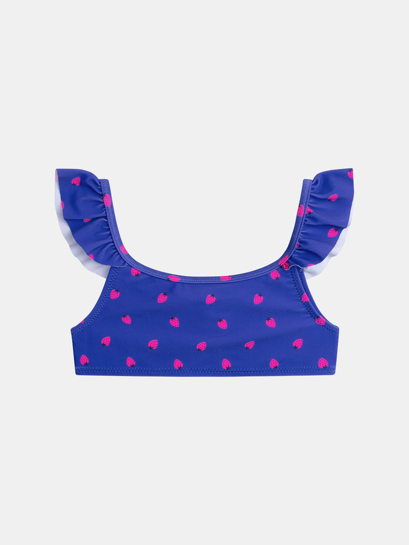 Bañador azul de 2 piezas con estampado de fresas para niña.PRODUCT