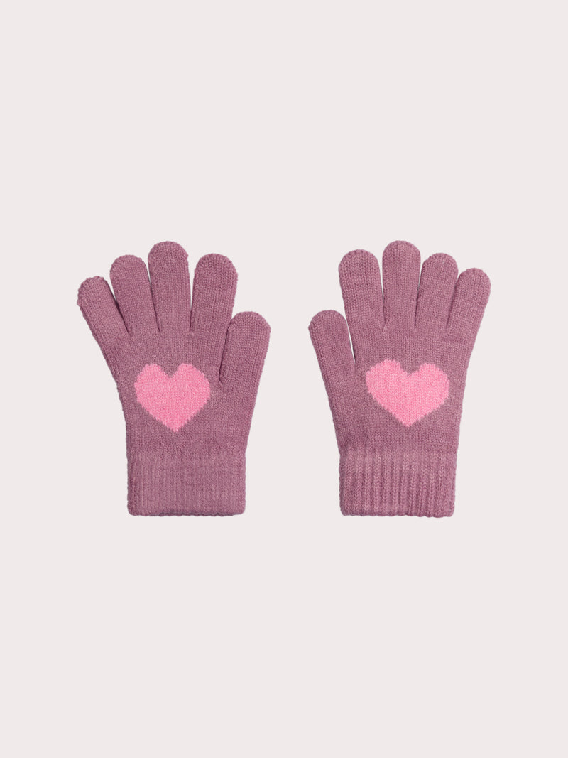 Guantes de punto violetas con corazones para chicas