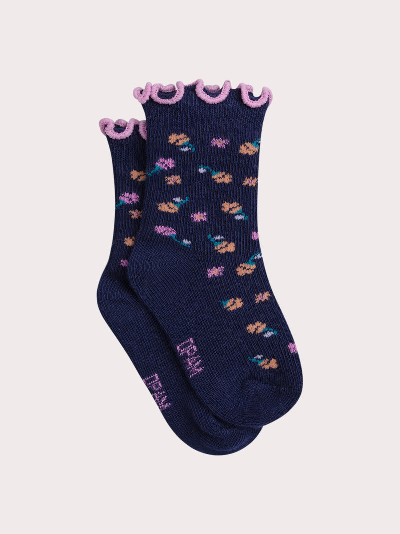Calcetines marinos ribeteados con flores para bebé niña