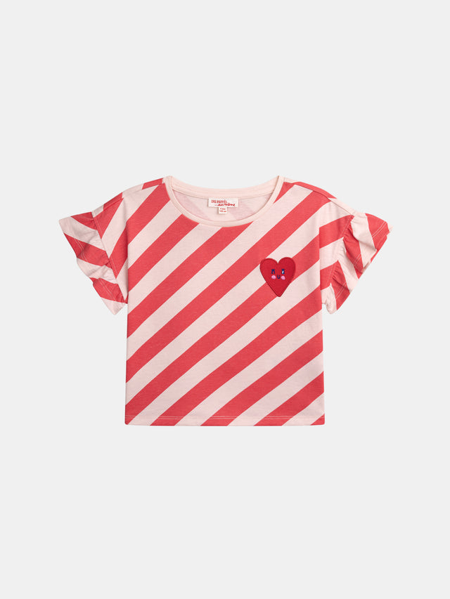 Camiseta Rosa Rayada de Manga Corta con Badge para Niñas