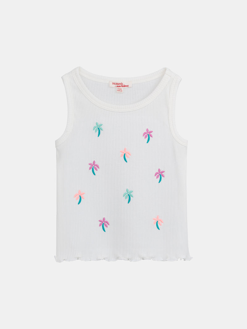 Top de canalé ecru con bordados de palmera para niña