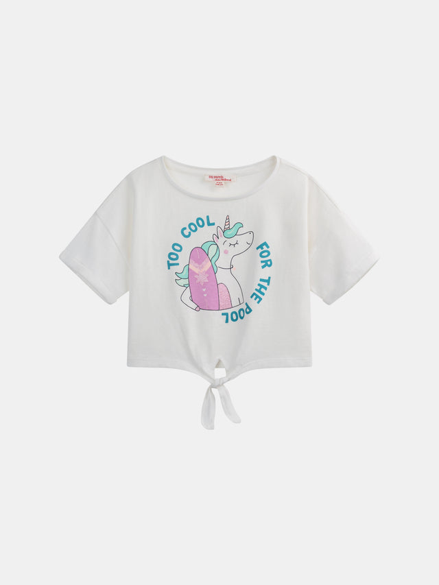 T-shirt écru animation licorne et surf pour fille