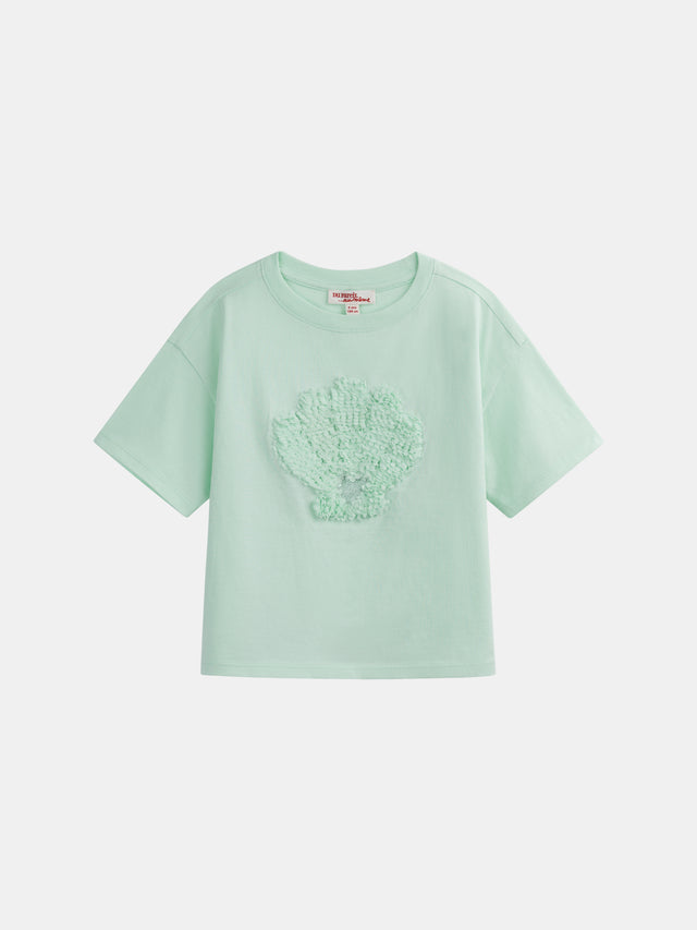 Camiseta turquesa con animación de concha 3D para niña
