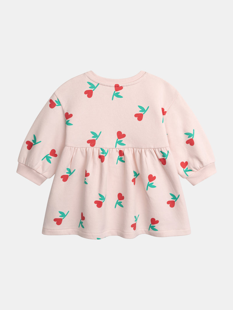 Vestido rosa con estampado de flores y corazones para niña