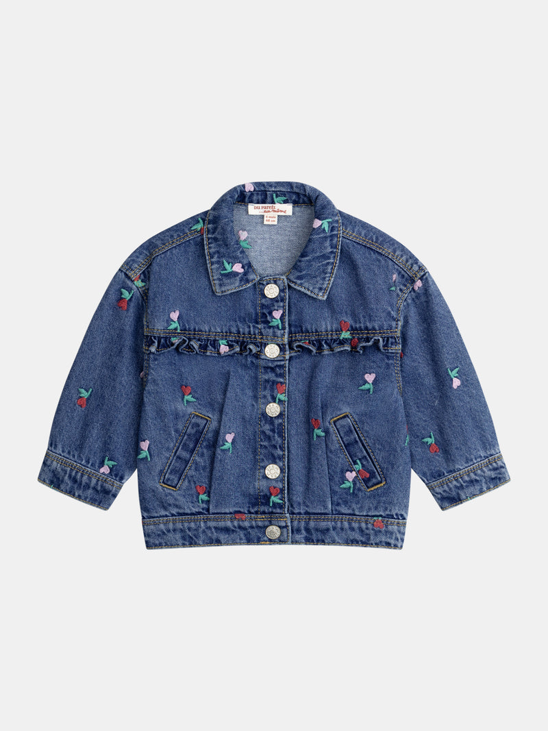 Chaqueta de jean con volante y bordado de flor corazón para niña