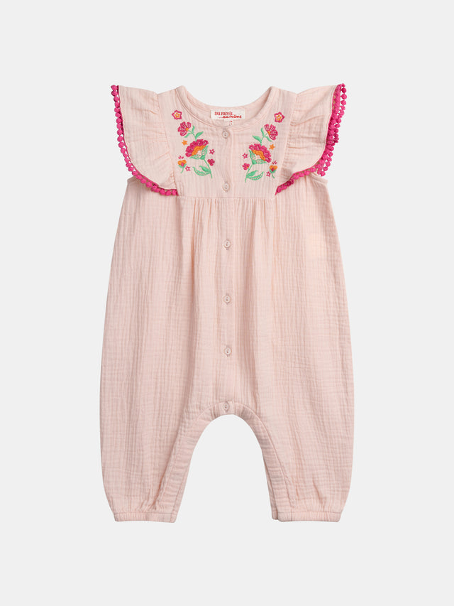 Pijama rosa empolvado con volantes y bordado de "FLORES" para bebés niñas