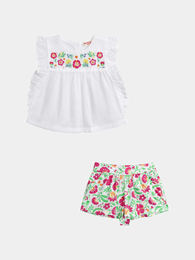 Conjunto de blusa bordada y short con flores para bebé niña