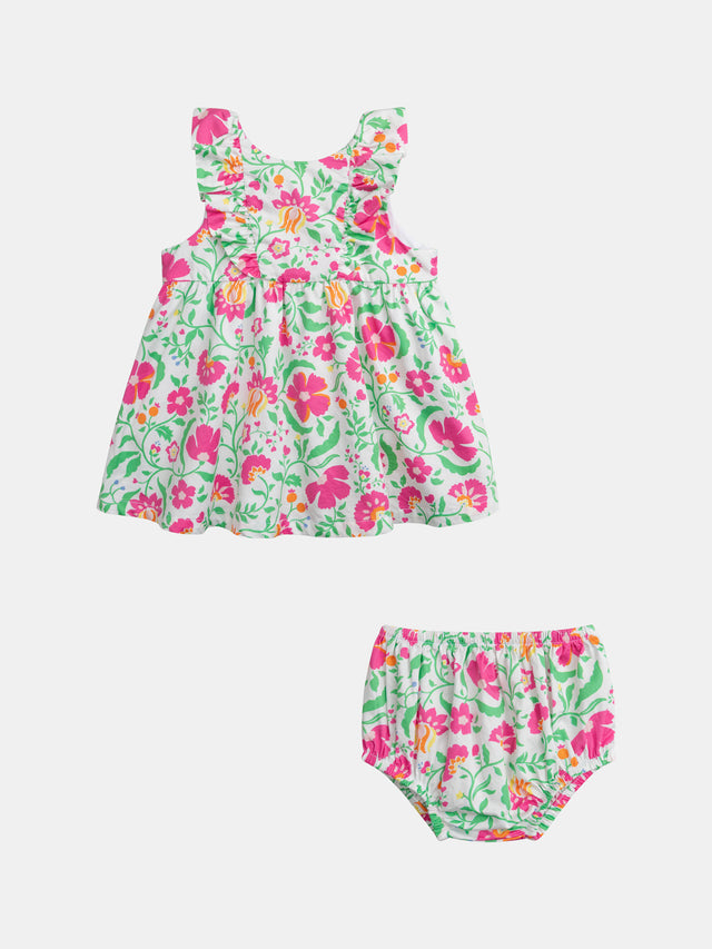 Vestido Floral Con Volantes y Bloomer a Juego para Niña