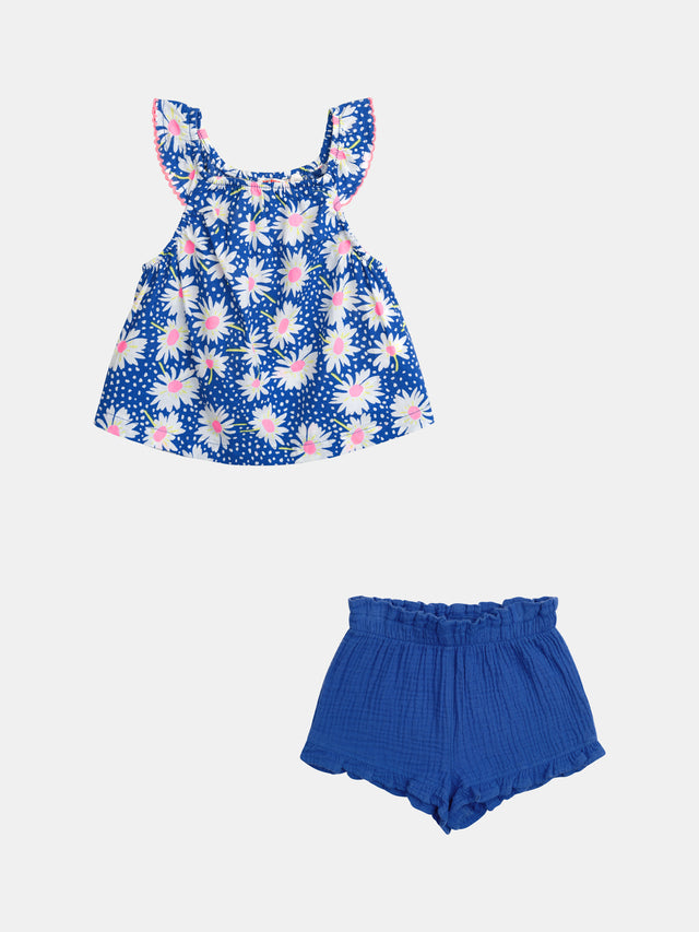 Conjunto Azul con Flores y Pantalones Cortos Únicos para Bebés Niñas