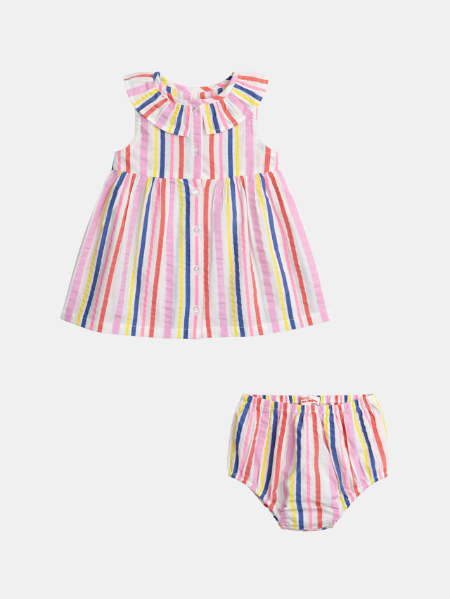 Vestido a rayas multicolores con cuello fruncido para bebé niña