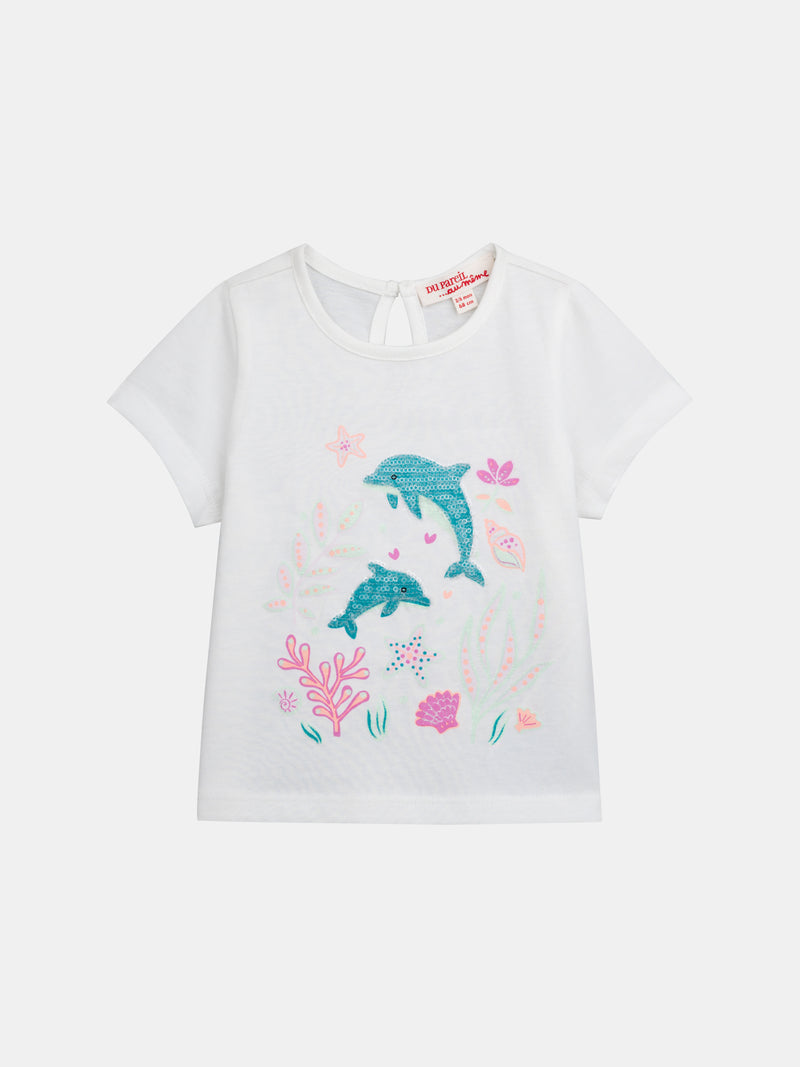 Camiseta ecru con estampado "Mundo Marino" para bebé niña