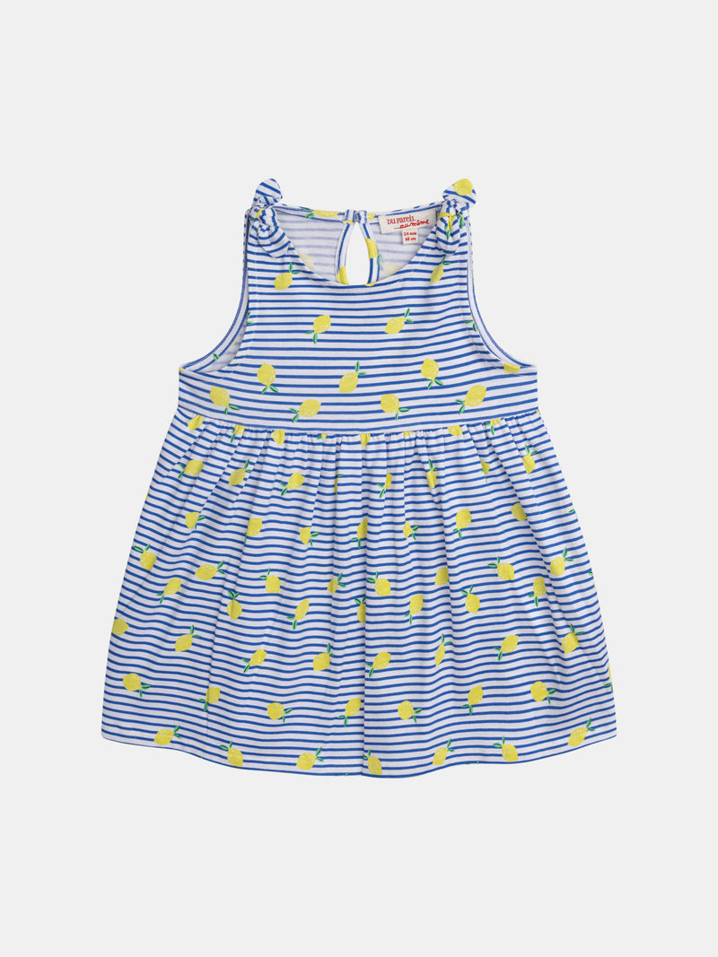 Vestido rayado azul y blanco con estampado de limones para niña