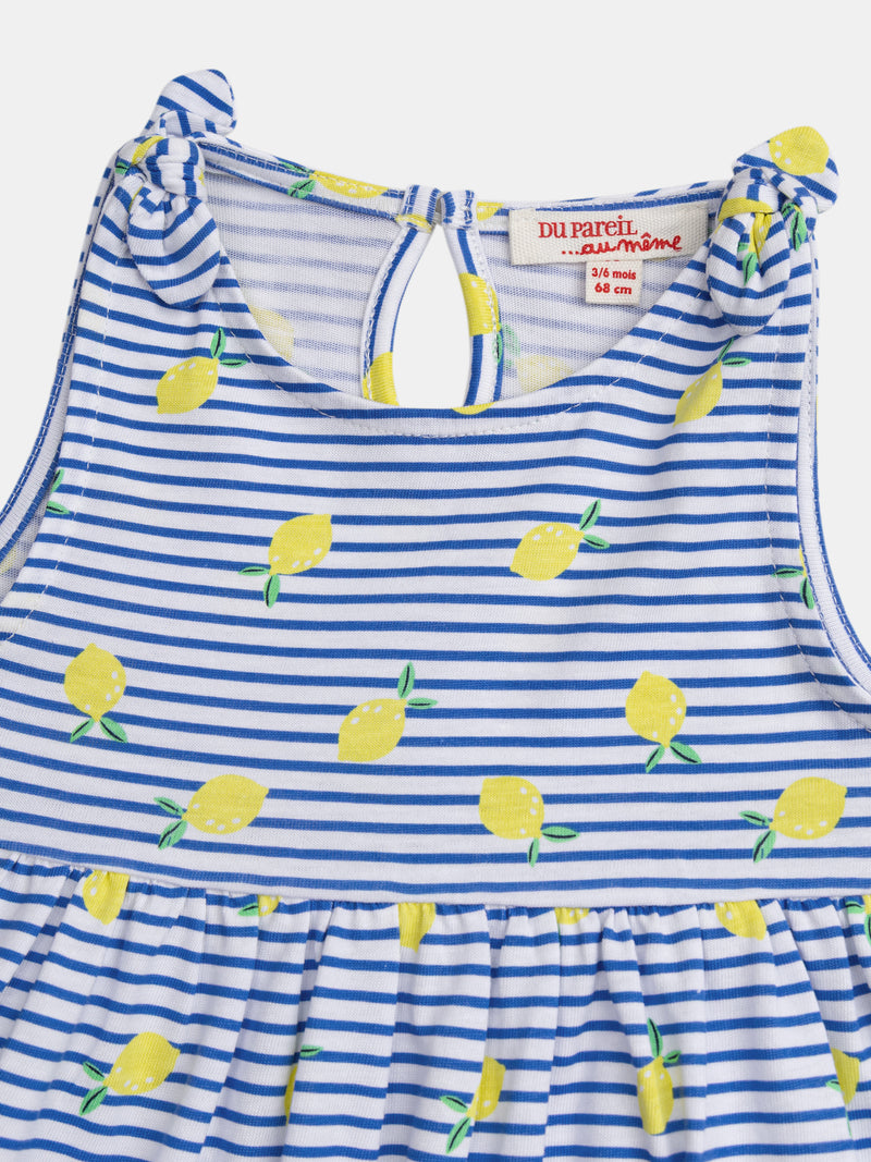 Vestido rayado azul y blanco con estampado de limones para niña