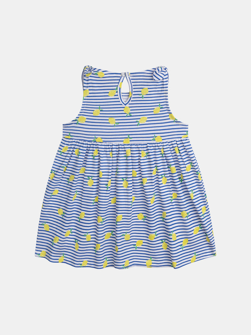 Vestido rayado azul y blanco con estampado de limones para niña