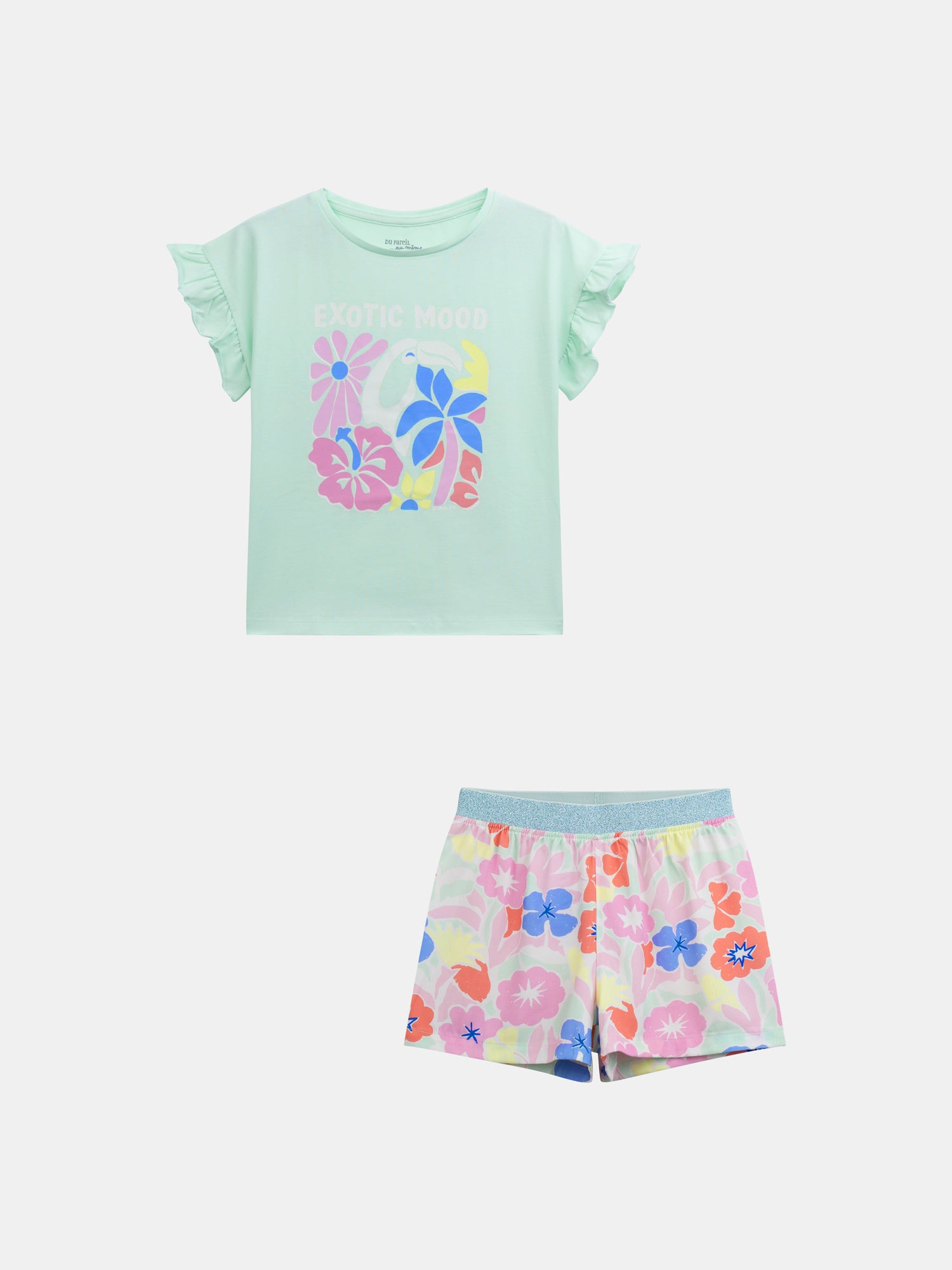 Pijama corto fosforescente impreso "Exotic Mood" para niña