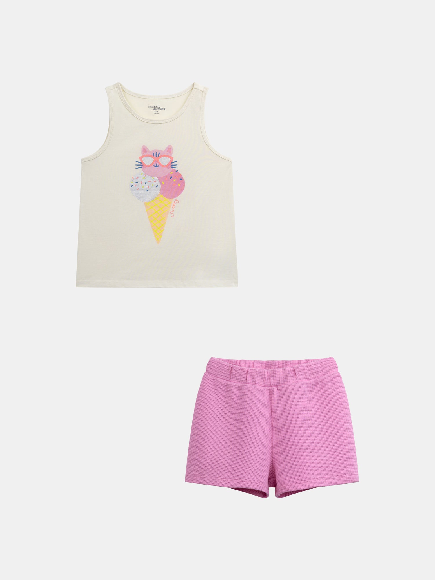 Pijama sin mangas con estampado de "Gato de Helado" para niñas