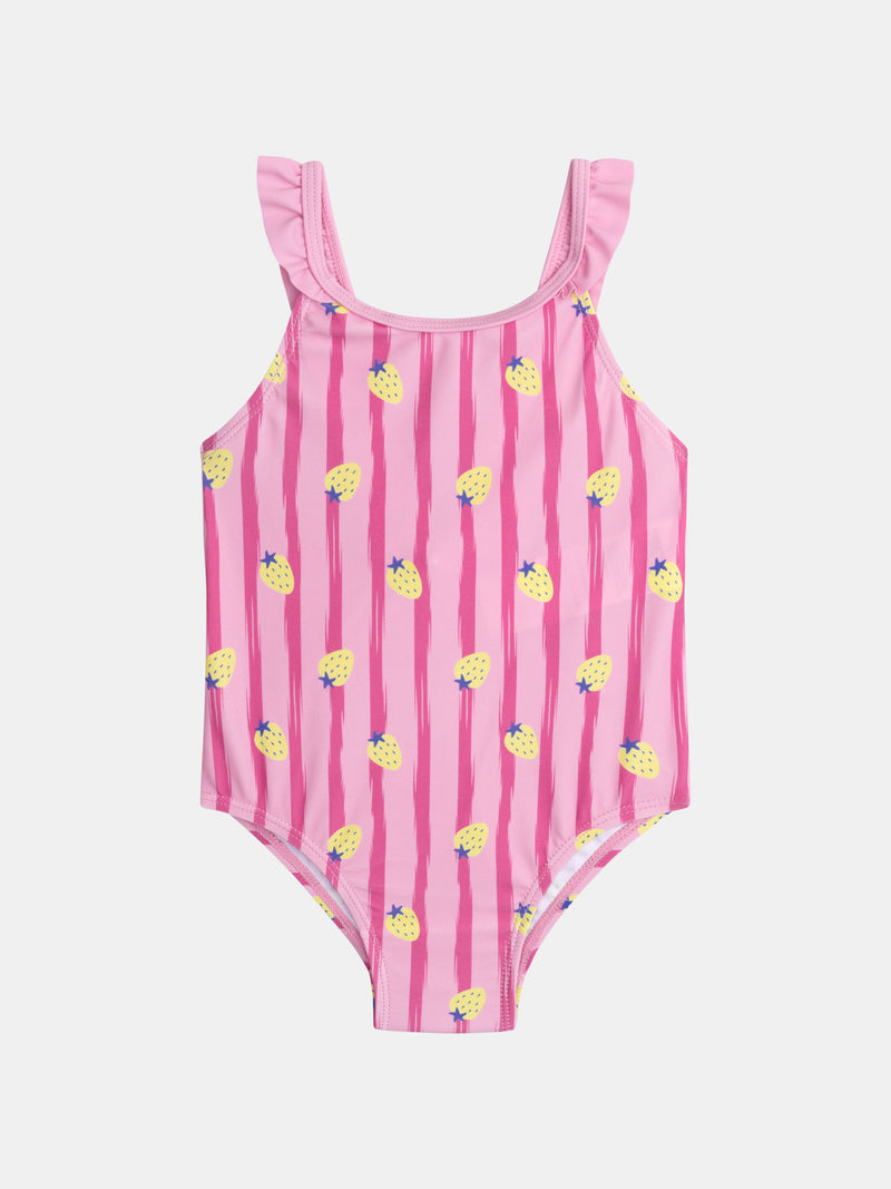 Traje de baño de una sola pieza con fresas en rayas rosas