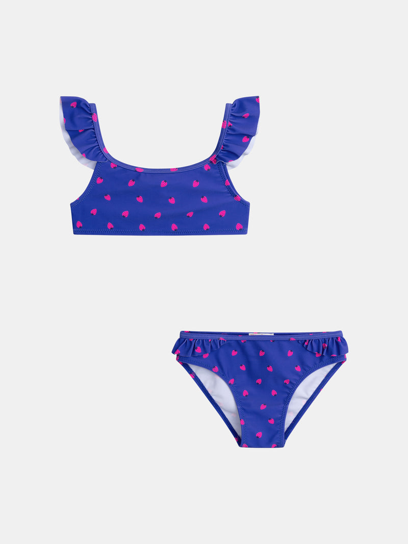 Bañador azul de 2 piezas con estampado de fresas para niña.PRODUCT