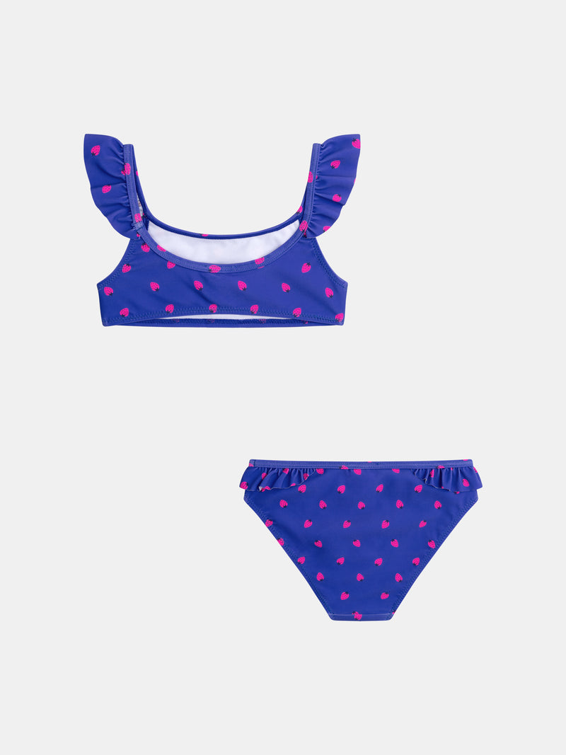 Bañador azul de 2 piezas con estampado de fresas para niña.PRODUCT