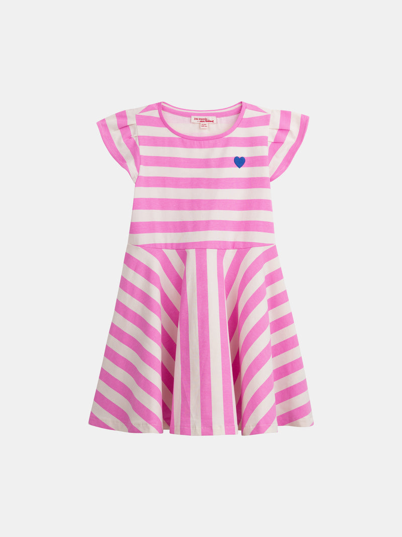 Vestido ecru a rayas rosas para niña