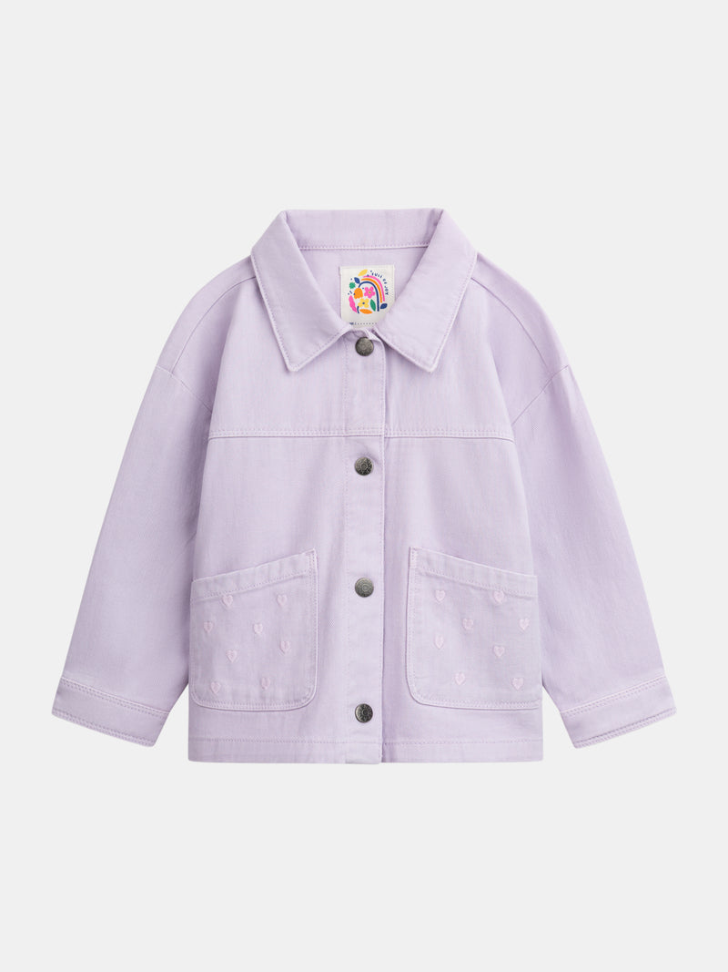 Chaqueta púrpura con bolsillos y bordados de corazón para niñas
