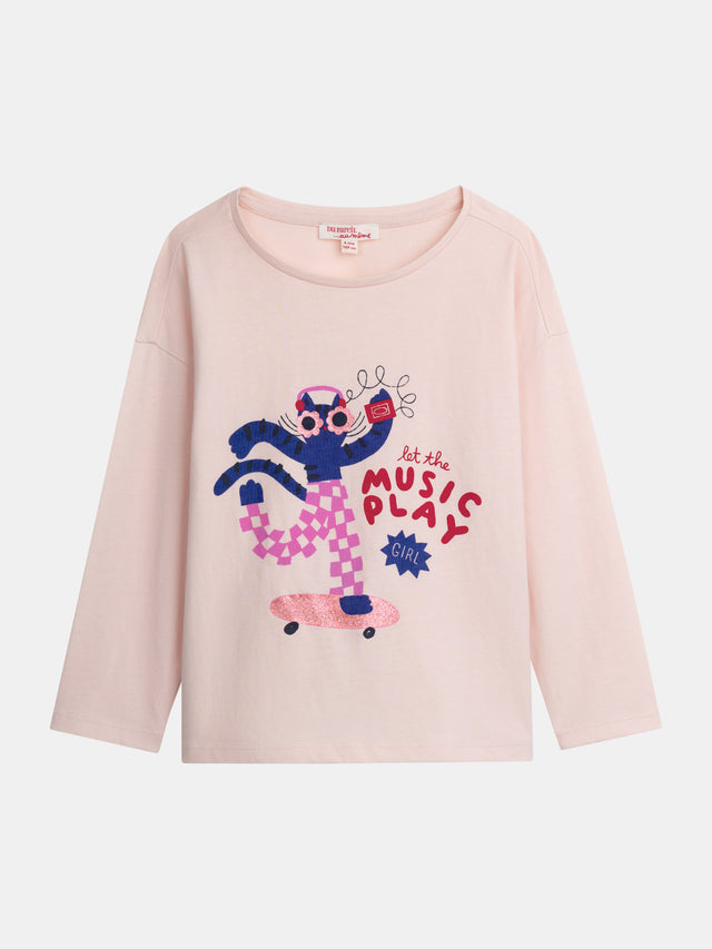 T-shirt écru à manches longues et animation chat pour fille