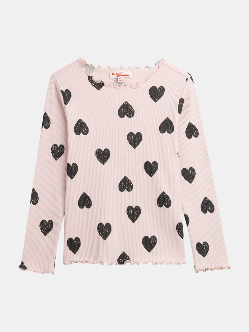 Camiseta de manga larga rosa con estampado de corazón para niñas