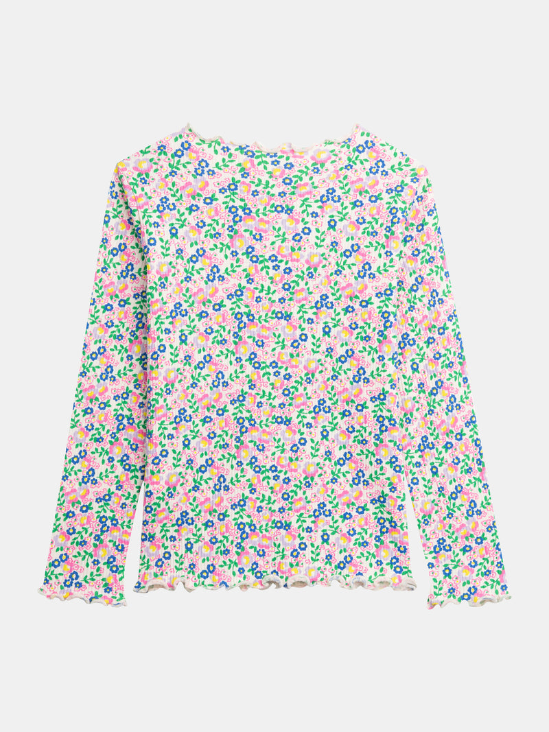 Camiseta écru de manga larga con estampado floral para niñas