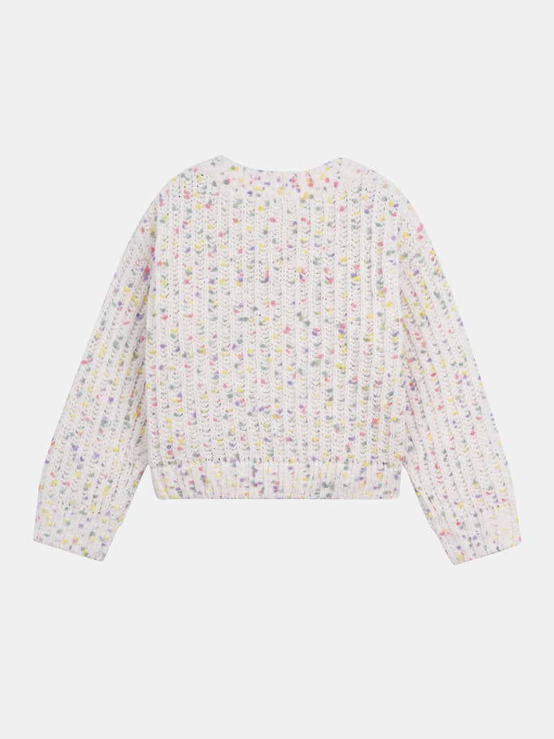 Cardigan blanco roto de punto con bolitas multicolores para niña