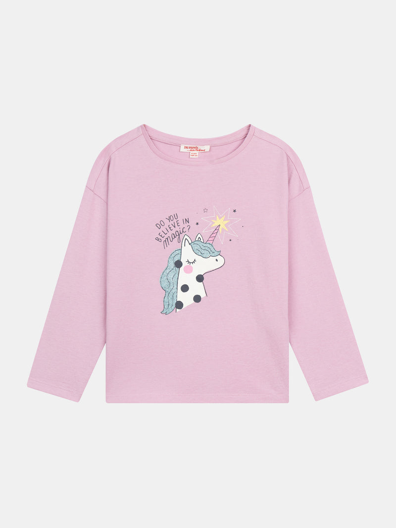 T-shirt rose animation licorne pour fille