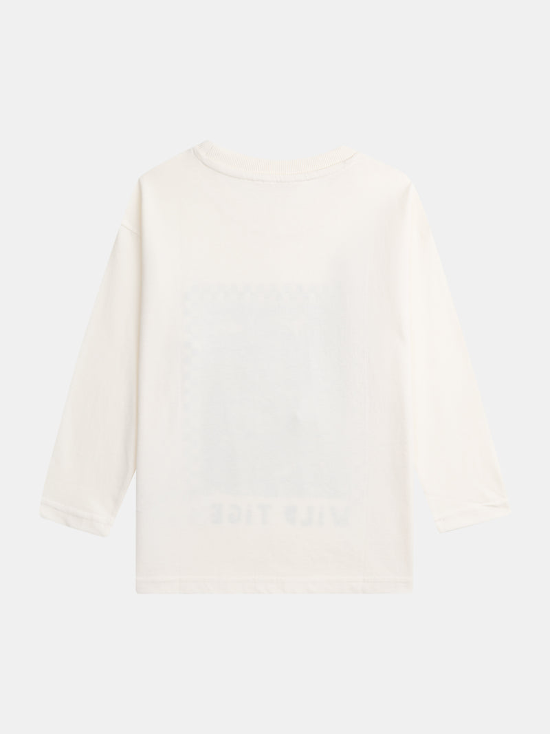 T-shirt écru à manches longues et animation tigre pour garçon