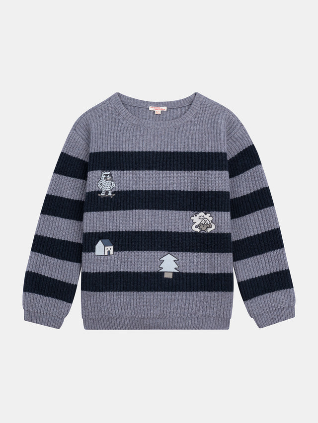 Pull bleu à rayures et patchs brodés pour garçon