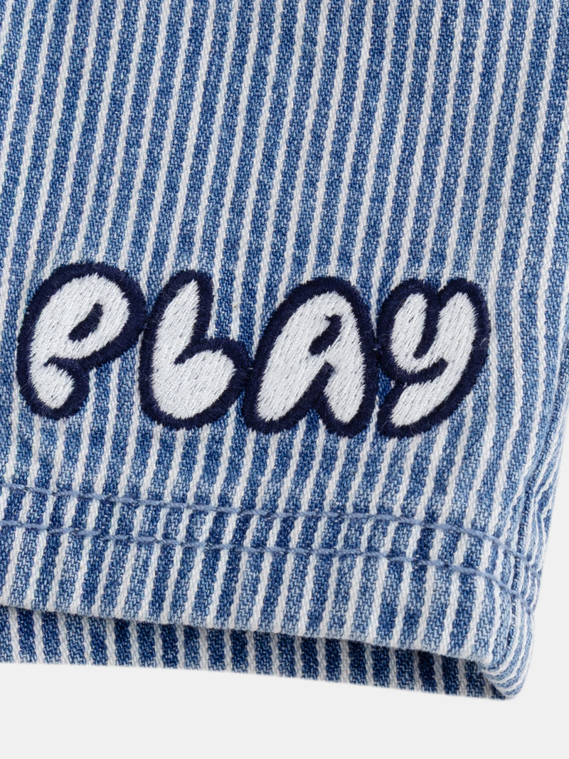 Bermuda de denim rayado "Play" azul y ecru para bebé niño