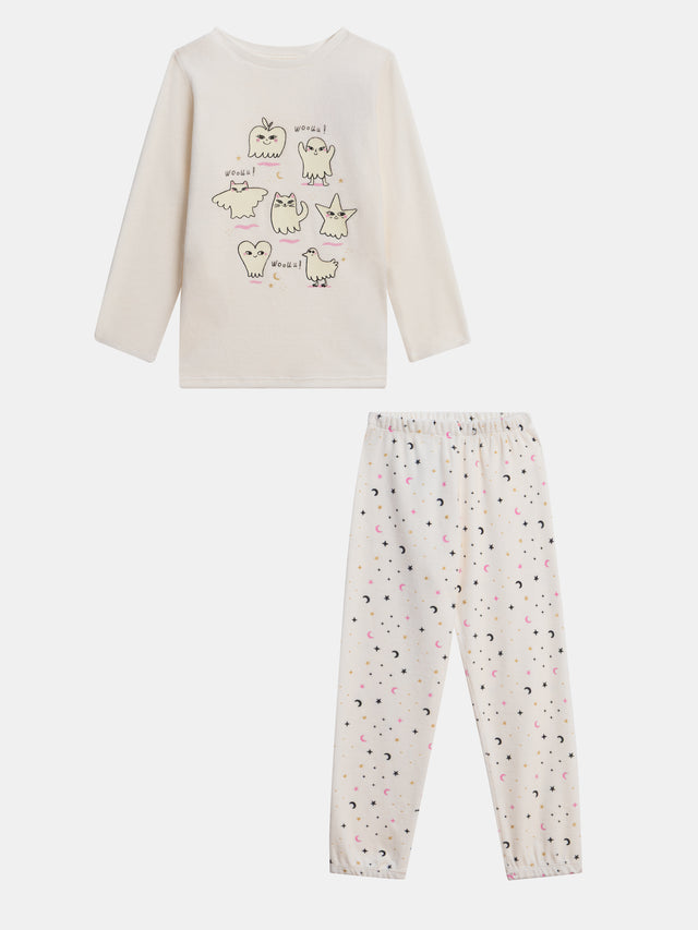 Pijama de 2 piezas en color ecru de terciopelo con motivos de fantasmas fosforescentes para niña
