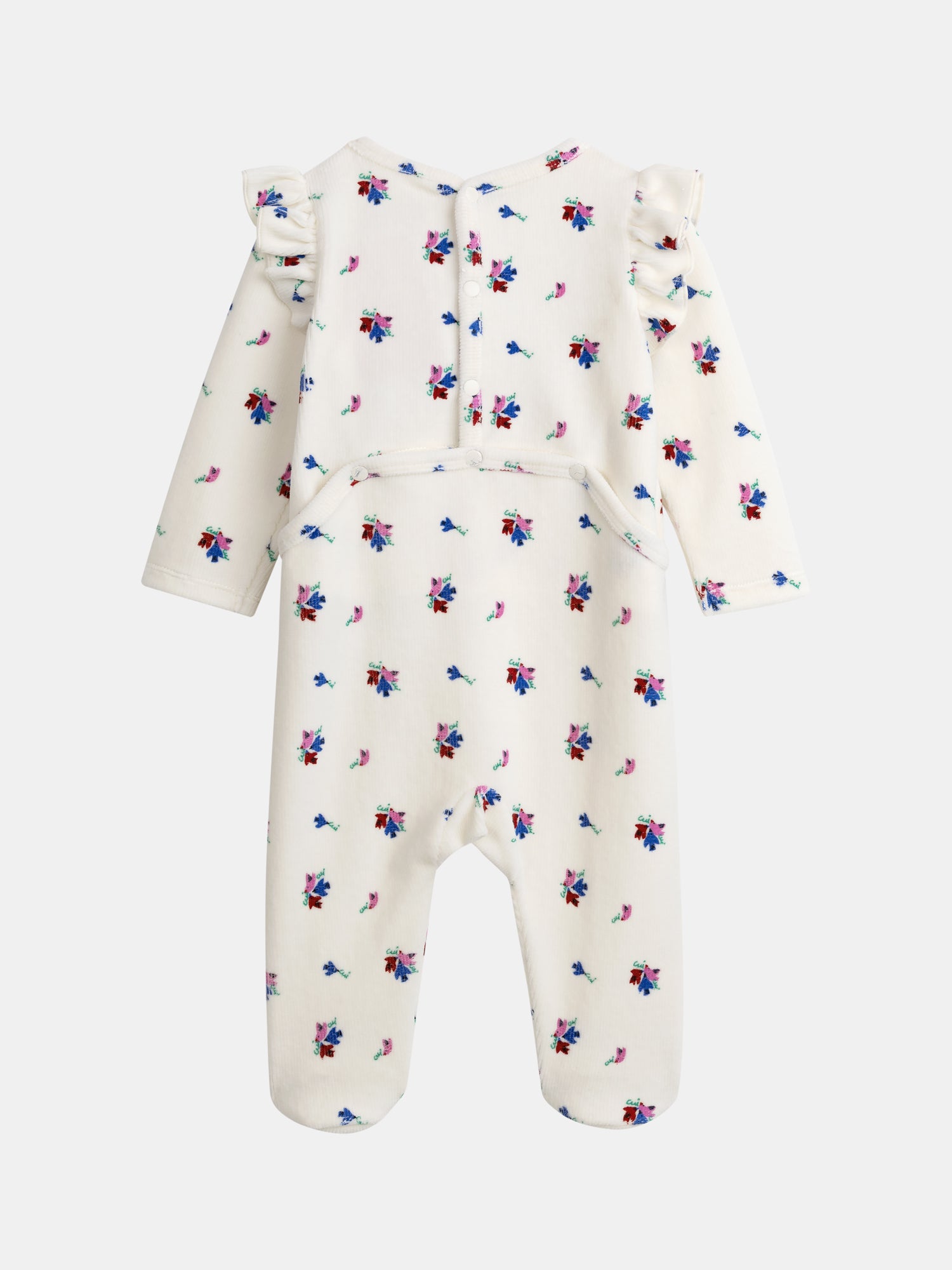 Grenouillère écrue à volants avec motifs petits oiseaux et fleurs pour bébé fille