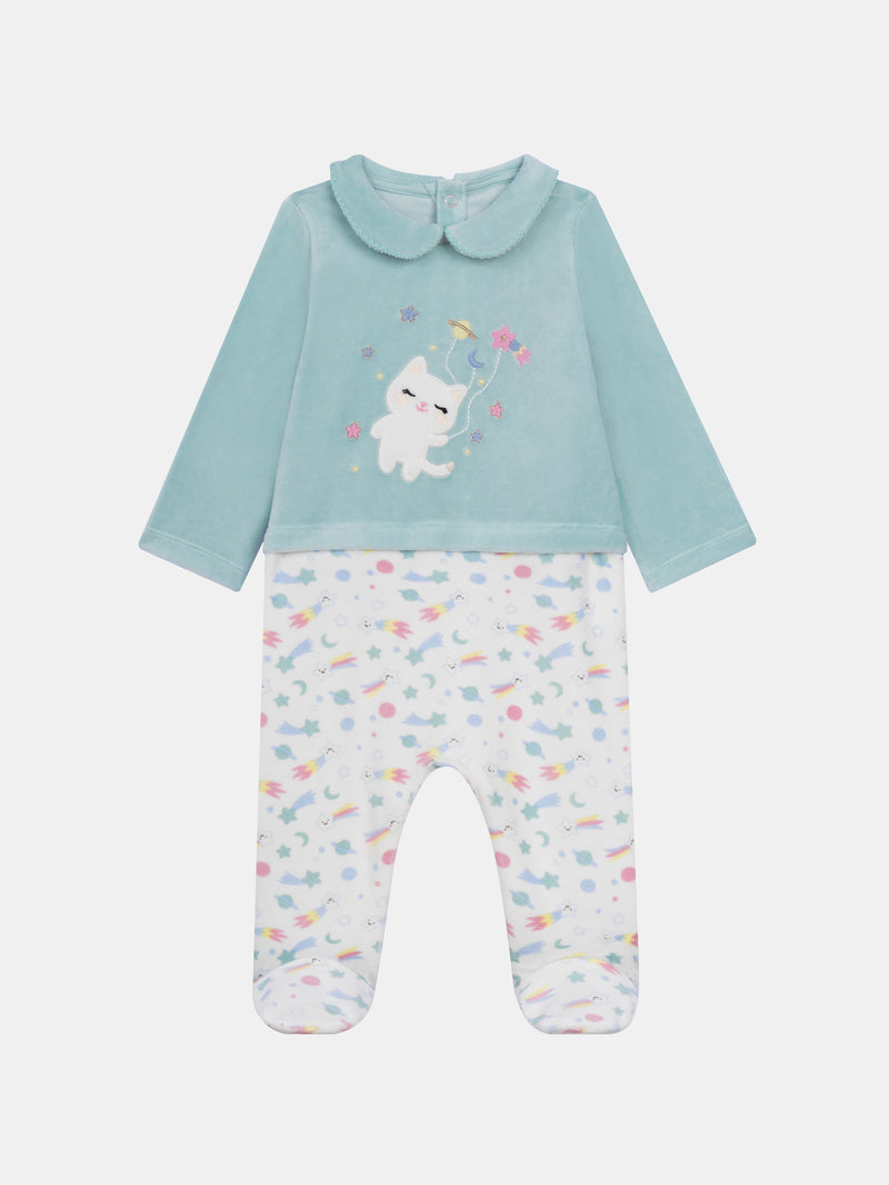 Mameluco de Terciopelo Azul con Estampado Espacial & Motivo de Gato para Niña