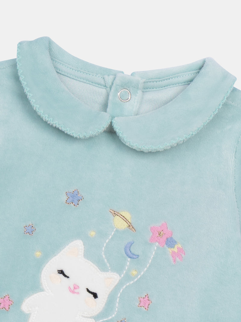 Mameluco de Terciopelo Azul con Estampado Espacial & Motivo de Gato para Niña