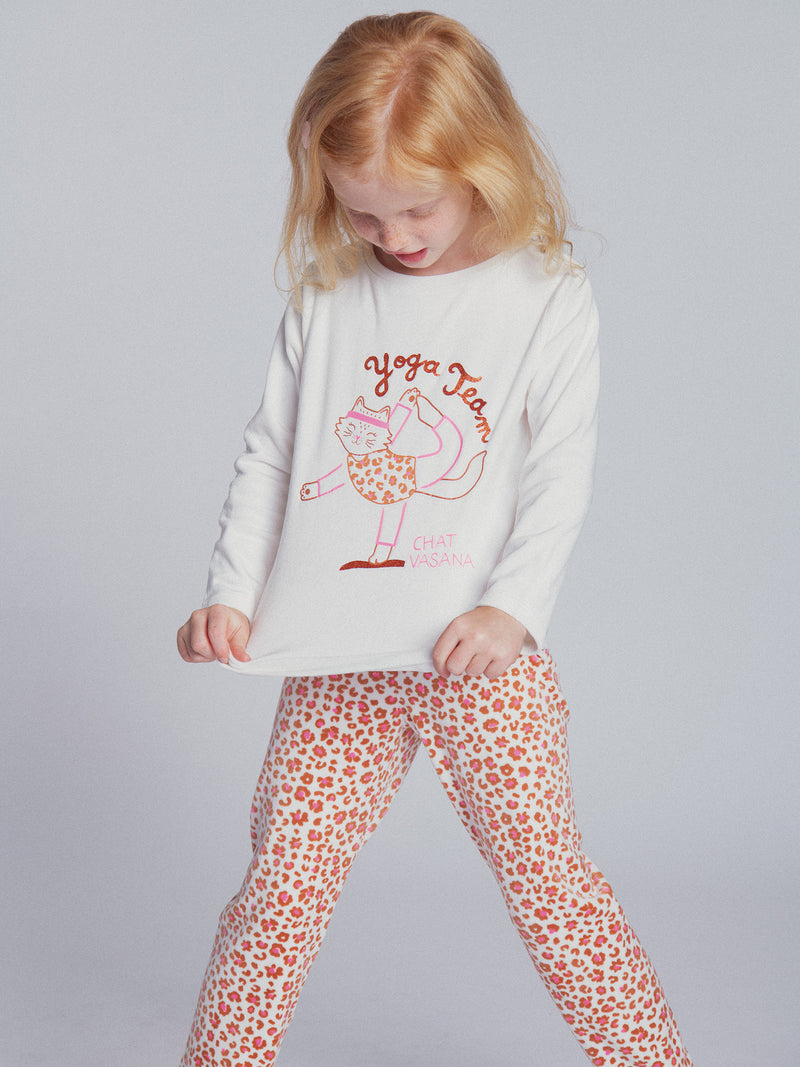 Pijama ecru y rosa de terciopelo "Cat Yoga Team" para niña