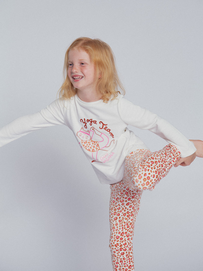 Pijama ecru y rosa de terciopelo "Cat Yoga Team" para niña