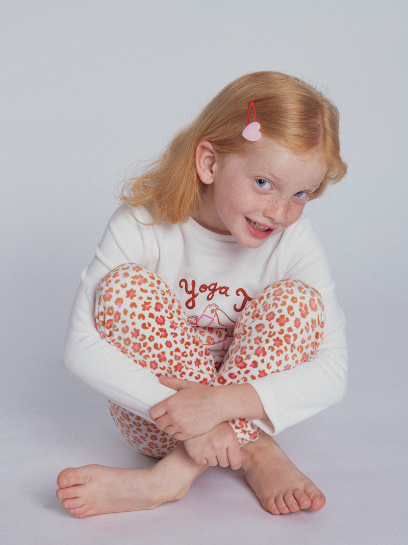 Pijama ecru y rosa de terciopelo "Cat Yoga Team" para niña