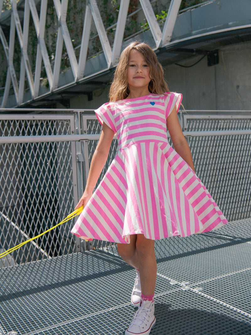 Vestido ecru a rayas rosas para niña