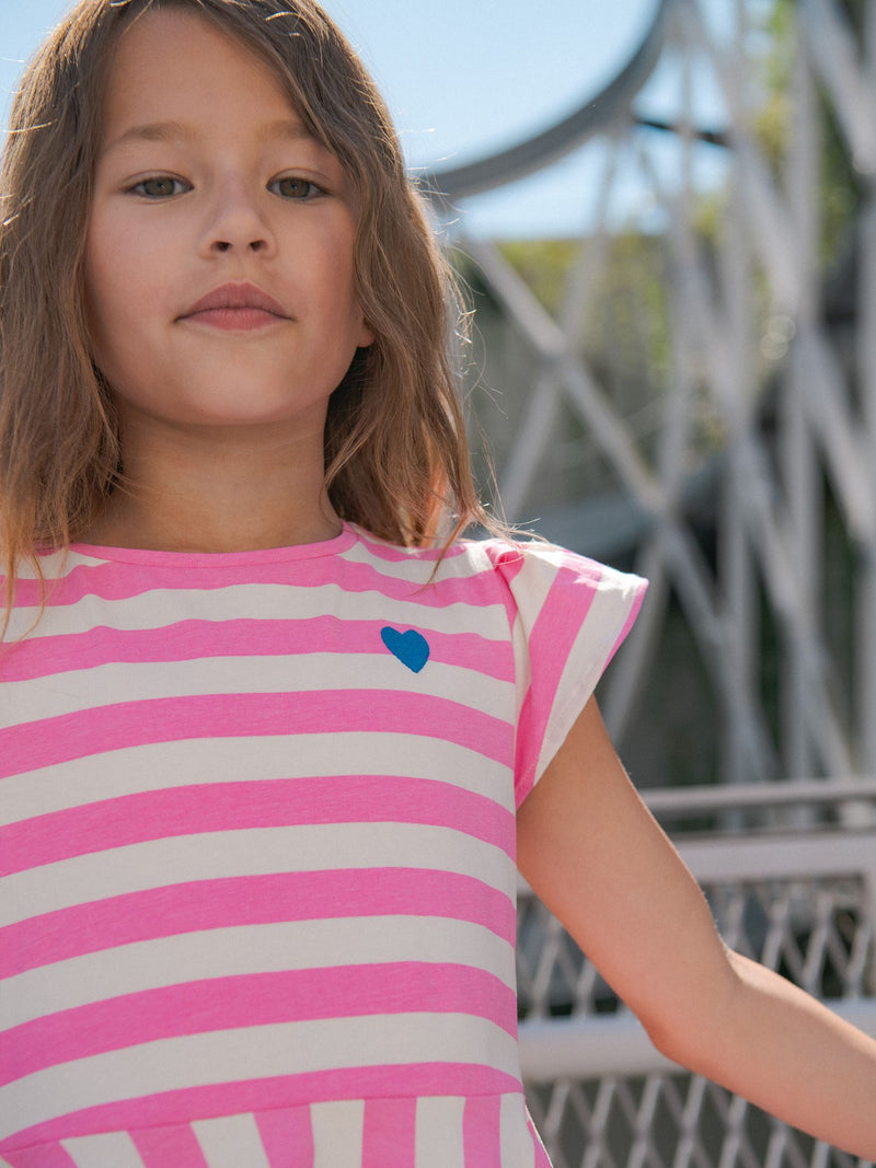Vestido ecru a rayas rosas para niña