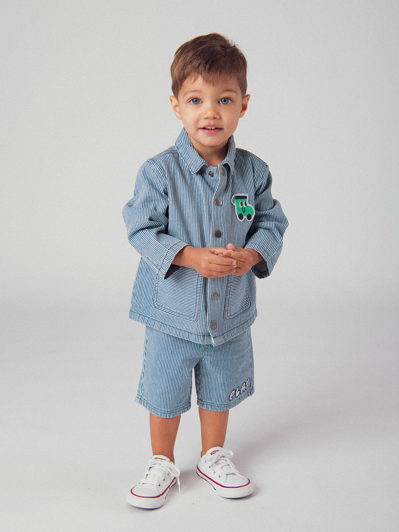 Bermuda de denim rayado "Play" azul y ecru para bebé niño