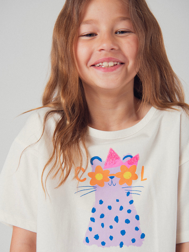 Camiseta ecru de manga corta con animación animal para chicas