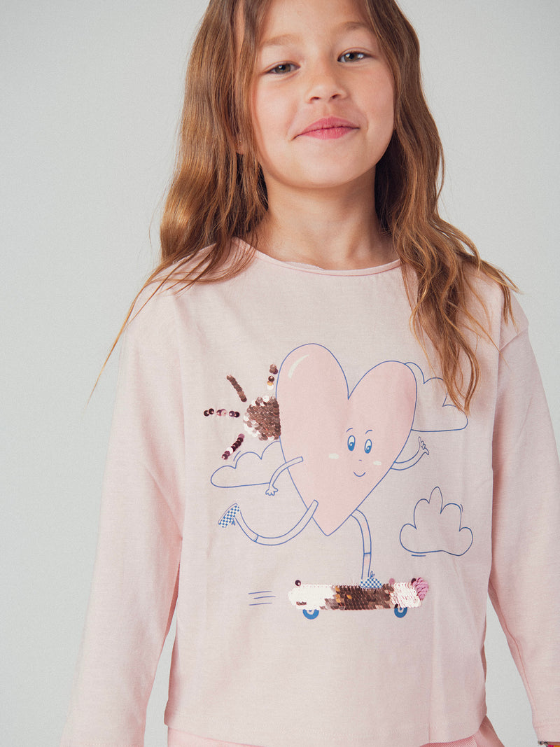 Camiseta de manga larga rosa claro con animación de corazón para chicas