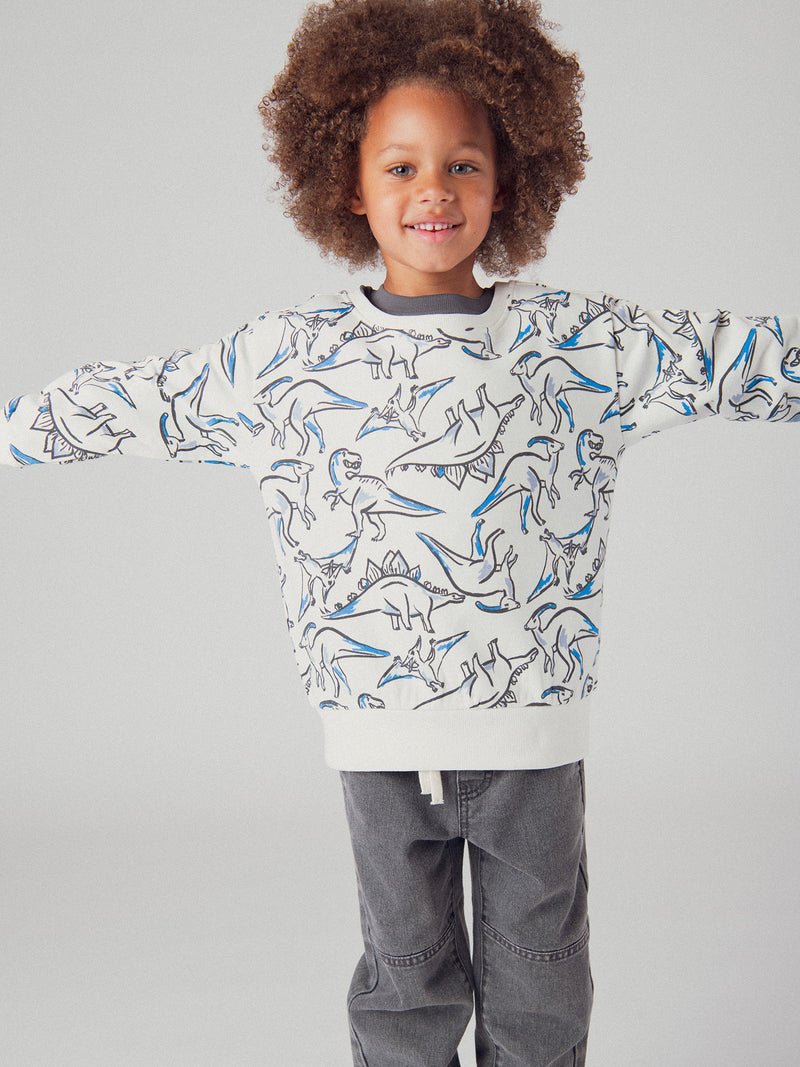 Sudadera ecru con estampado de dinosaurios para niños